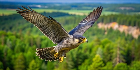 Fototapeta premium Majestic Peregrine Falcon in Flight over Northern Minnesota Wilderness Captured in Stunning Detail Against a Blue Sky and Lush Greenery