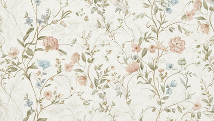 wallpaper with a flower and plant theme with a cream colored background