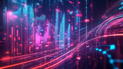 Abstract Digital Cityscape with Glowing Lines and Data Visualizations