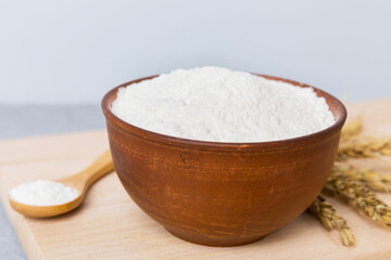 Flat lay of Wheat flour in wooden bowl with wheat spikelets on colored background. world wheat crisis