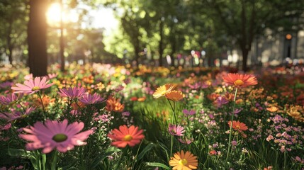 Fototapeta premium A field of flowers with AR projections showing the seasonal changes and environmental data, enriching the connection between nature and technology.