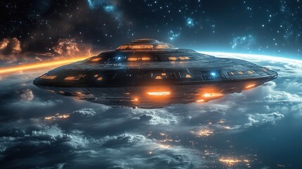 A floating alien spaceship in the atmosphere above Earth, with transparent panels revealing complex alien technology."