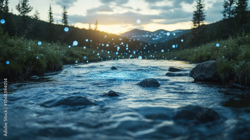 Poster a flowing river with ai-generated holographic data points emerging from the water, highlighting the 