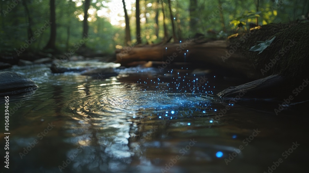 Poster a flowing river with ai-generated holographic data points emerging from the water, highlighting the 
