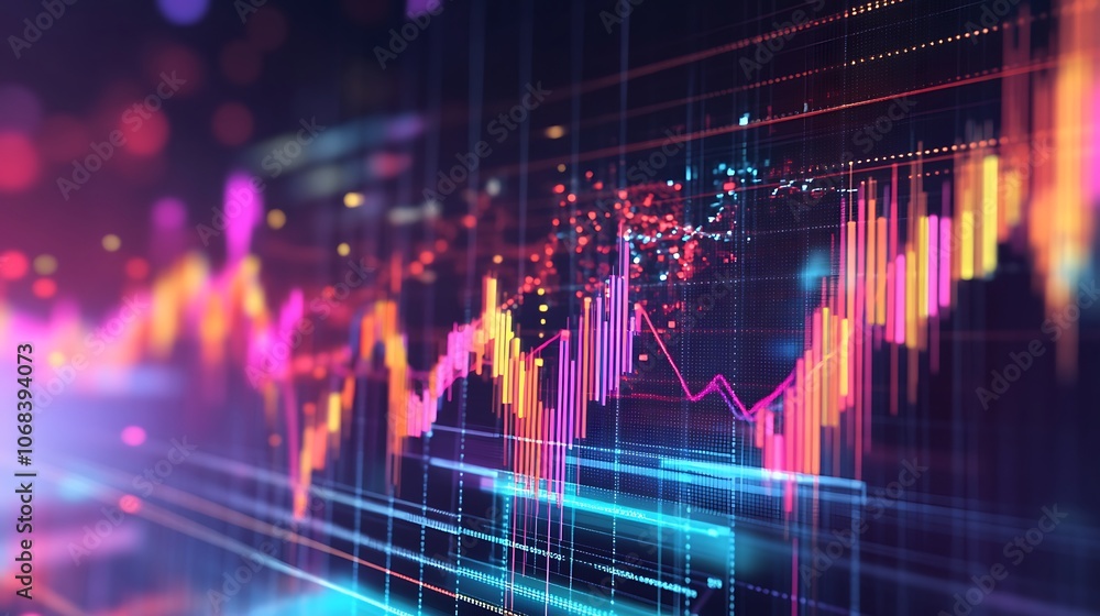 Poster abstract financial data visualization with neon lines and blurred lights