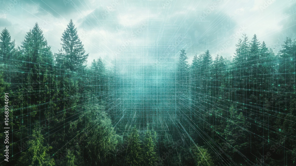 Poster a forest landscape where the sky transitions into a grid of digital code, symbolizing the fusion of 
