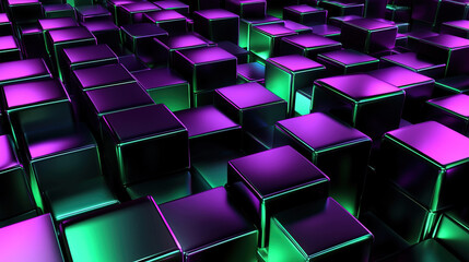 Fototapeta premium Cyber technology concept. Abstract futuristic background with neon glowing cubes on dark blue and purple colors. Big data. Abstract futuristic technology. Futuristic digital art. Copy space