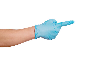 Men's hand wearing protective gloves with index finger pointing to something. PNG isolated on...