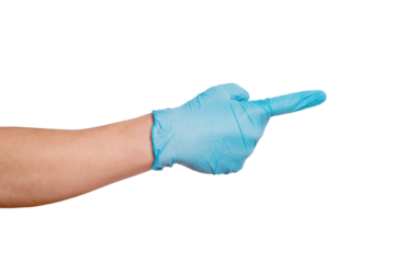Men's hand wearing protective gloves with index finger pointing to something. PNG isolated on transparent background. Medicine or cleaning.