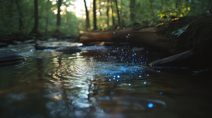 Fototapeta premium A flowing river with AI-generated holographic data points emerging from the water, highlighting the harmony between nature and AI.
