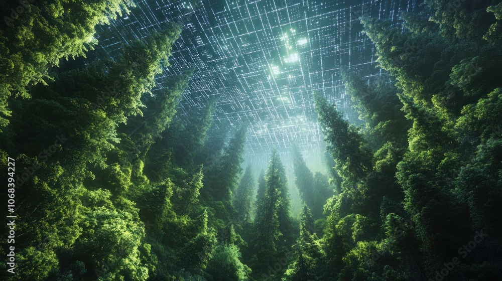 Poster a forest landscape where the sky transitions into a grid of digital code, symbolizing the fusion of 