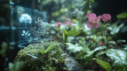 A forest where augmented reality overlays show the names of plants and animals, blending the digital world with the natural environment."