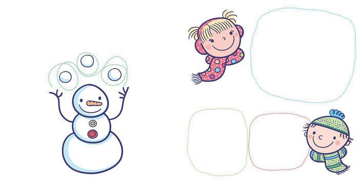 Cartes de v&oelig;ux du nouvel an avec des cadres photos pour la famille, dessin d'un bonhomme de neige qui jongle et de visages d'enfants souriants avec un bonnet et une &eacute;charpe, carterie festive d'hiver