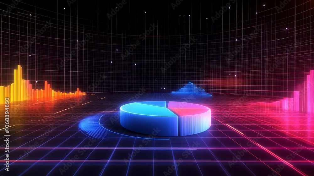 Poster glowing pie chart on a digital grid with bar graphs