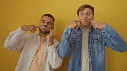 Men making funny faces, two friends posing against a yellow background, wearing casual clothes, exhibiting a playful relationship.