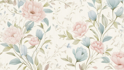 wallpaper with a flower and plant theme with a cream colored background