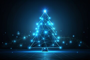 Minimalist Blue Technical Christmas Tree Illustration Glowing in a Dark Background, Perfect for Modern Holiday Decor, Digital Art, and Creative Seasonal Designs