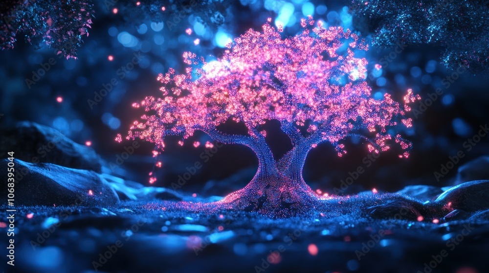 Poster a glowing digital tree with pixelated leaves swaying in a soft breeze, merging organic textures with