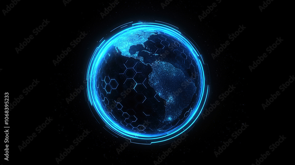 Poster global network and connectivity concept. abstract blue planet earth with digital connection lines. t