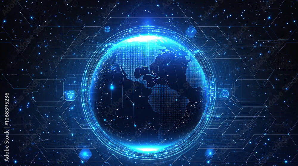 Poster global network and connectivity concept. abstract blue planet earth with digital connection lines. t