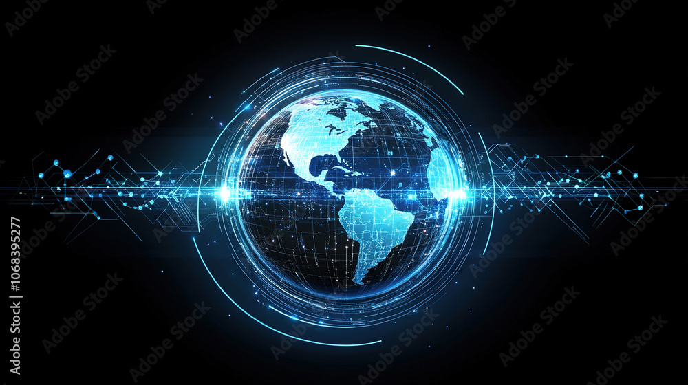 Poster global network and connectivity concept. abstract blue planet earth with digital connection lines. t