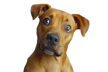 Adorable boxer dog with an expressive look against a plain 