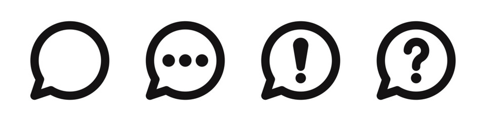 Message icons set. Exclamation, question, speech bubble, social media message, online communication, comment symbol. Vector illustration