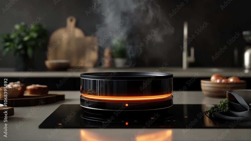 Poster a high-tech smart stove that automatically shuts off when not in use and adjusts heat levels based o
