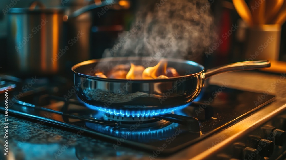 Poster a high-tech smart stove that automatically shuts off when not in use and adjusts heat levels based o