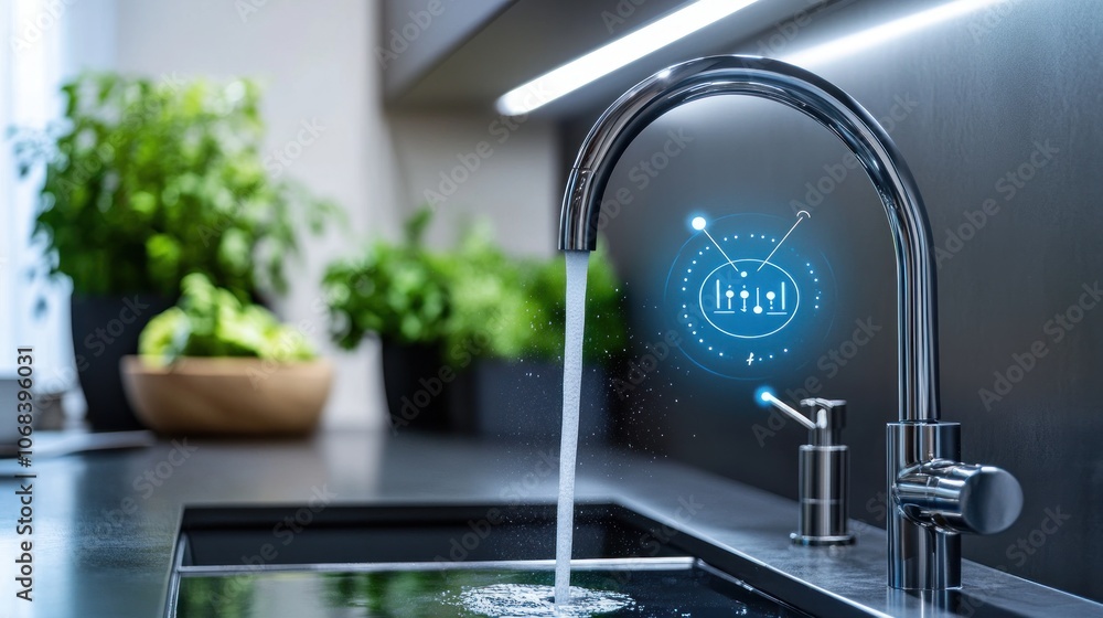 Poster a kitchen with a smart faucet that can be controlled via voice commands, allowing for precise water 