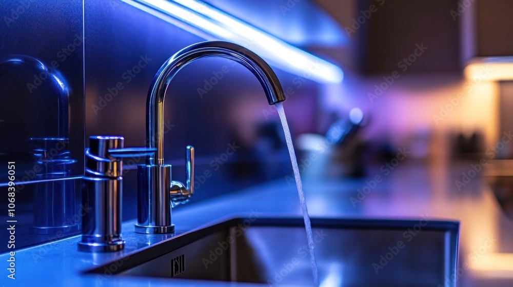 Poster a kitchen with a smart faucet that can be controlled via voice commands, allowing for precise water 
