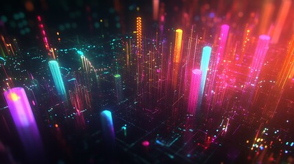 Abstract Neon Cityscape with Glowing Towers and Lines