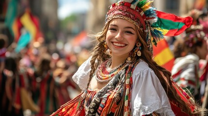 Fototapeta premium A lively street parade at a world culture festival, with focus on participants wearing traditional costumes from many countries, waving flags
