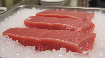 Freshly cut tuna steaks on ice ready for preparation