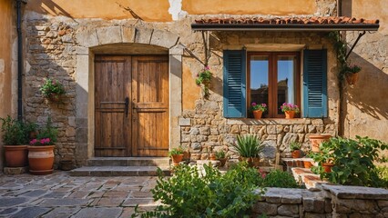 Tuscany Farmhouse Facade with Rustic Brick and Stone