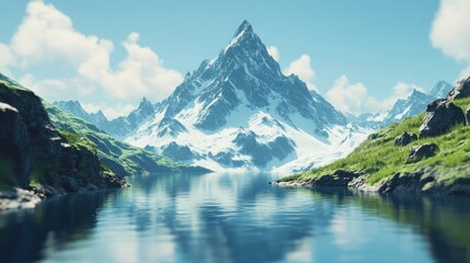 Fototapeta premium A mountain range with pixelated rock formations and digital rivers flowing through, combining realistic and virtual landscapes.