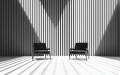 Fototapeta premium modern interior design. Wall mockup with vertical linear lights in a minimalist room. Background wall panel, beige and white in color, with grey armchairs near the window