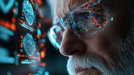 Una dottore analizza l'ologramma anatomico di un paziente attraverso occhiali AR, esplorando dettagli medici avanzati in realtà aumentata.