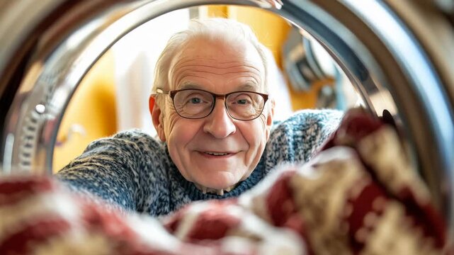 Cheerful elderly man loading laundry into a washing machine, capturing independence and positivity in daily home routines. - Powered by Adobe