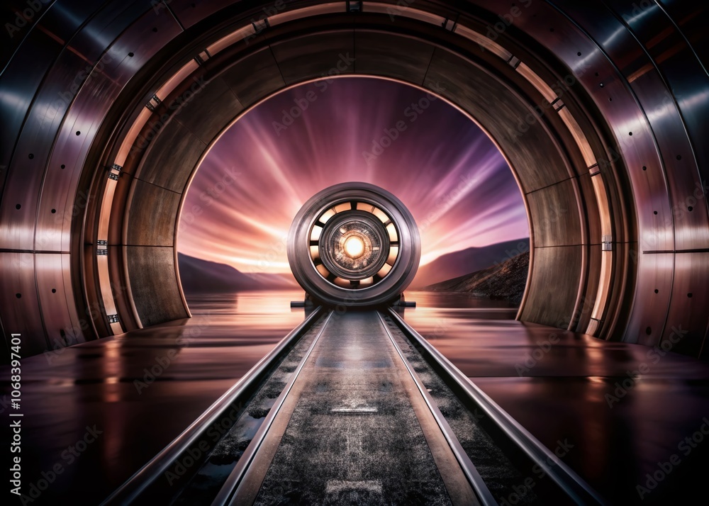 Poster minimalist time machine concept: a futuristic device surrounded by a simple landscape, illustrating 