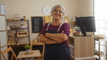 Hispanic grey-haired mature woman with glasses and arms crossed standing confidently in an indoor bakery shop surrounded by shelves of bread, pastries, and a cash register.