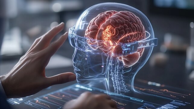 Una dottoressa analizza l'ologramma anatomico di un paziente attraverso occhiali AR, esplorando dettagli medici avanzati in realtà aumentata.