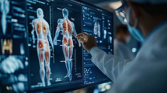 Una dottoressa analizza l'ologramma anatomico di un paziente attraverso occhiali AR, esplorando dettagli medici avanzati in realt&agrave; aumentata.