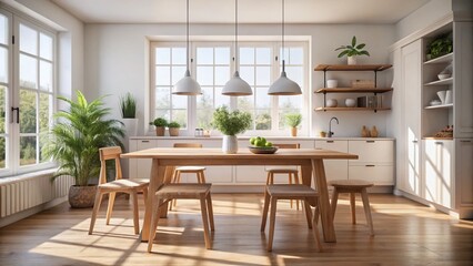 Minimalist Wooden Kitchen Table in a Bright, Airy Space with Natural Light Streaming Through the Windows, Featuring Simple Decor Elements for a Clean Aesthetic