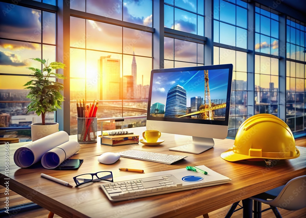Poster modern engineer's construction office desk with computer setup, blueprints, and architectural tools 