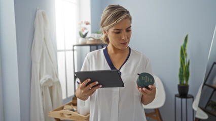 Young blonde woman in a spa setting holding a tablet and examining a beauty product, with a peaceful and wellness-focused interior