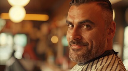 Obraz premium Modern Barbershop: A man flashes a self-assured smile as he admires his fresh haircut in a sleek barbershop, epitomizing confidence and modern grooming. 