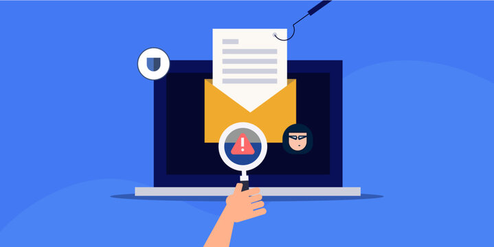 Email phishing attack alert and prevent online data hacking with AI driven cybersecurity software technology, vector illustration.