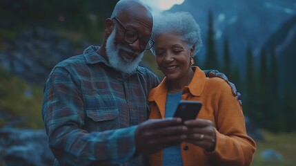 A senior couple browsing travel destinations on a smartphone, planning their next adventure with excitement and ease."