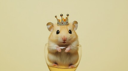 A Tiny King: A Hamster in a Champagne Glass with a Crown